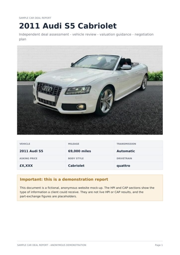 Sample Deal Analysis Report cover page showing a 2011 Audi S5 Cabriolet summary