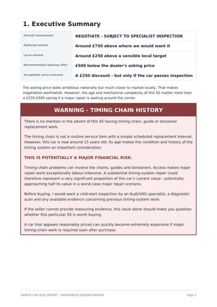 Sample report executive summary with negotiation verdict and a timing-chain risk warning