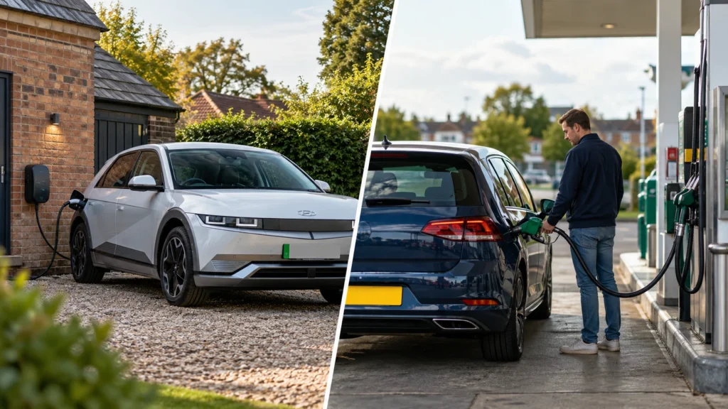 An electric car charging at a home wallbox beside a petrol car being refuelled at a pump