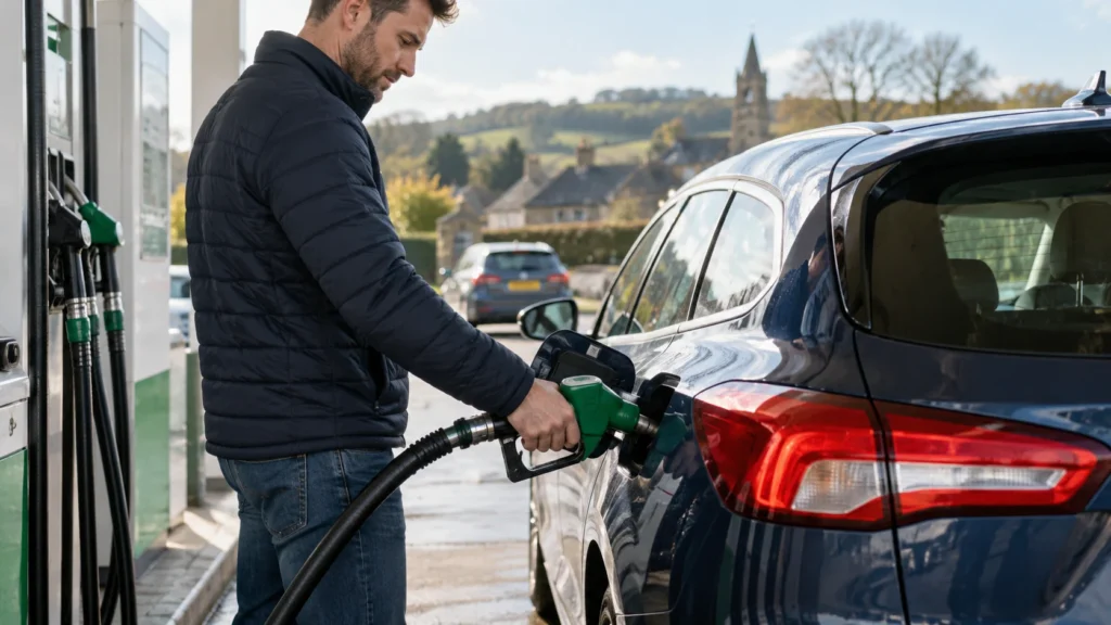 A man refuelling a dark blue car at a petrol pump