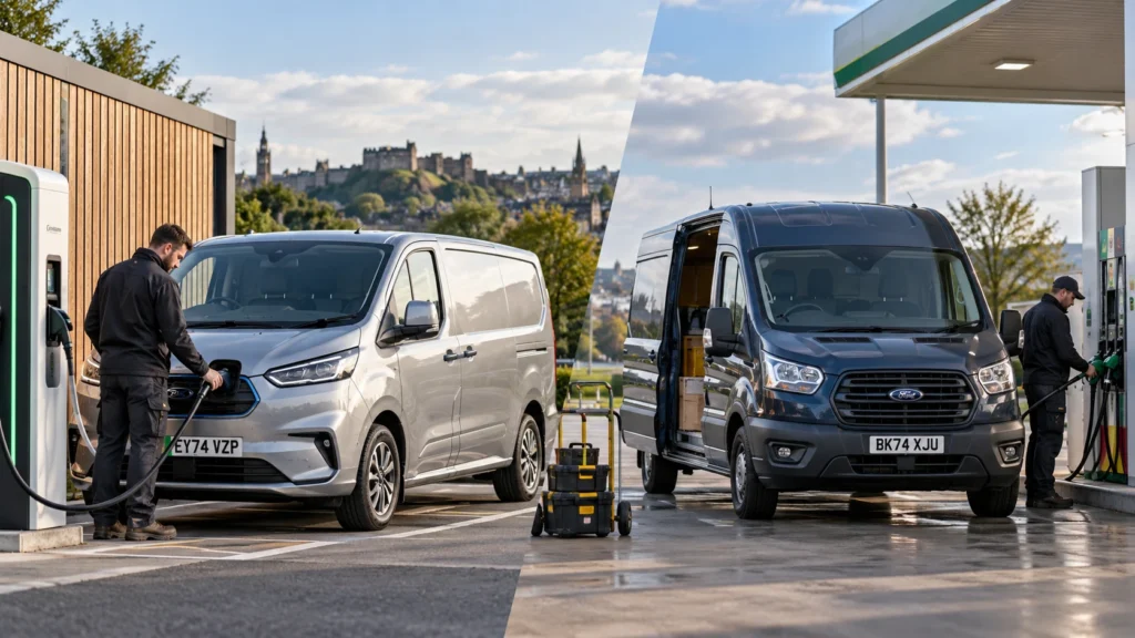 An electric van charging on the left and a diesel van refuelling on the right