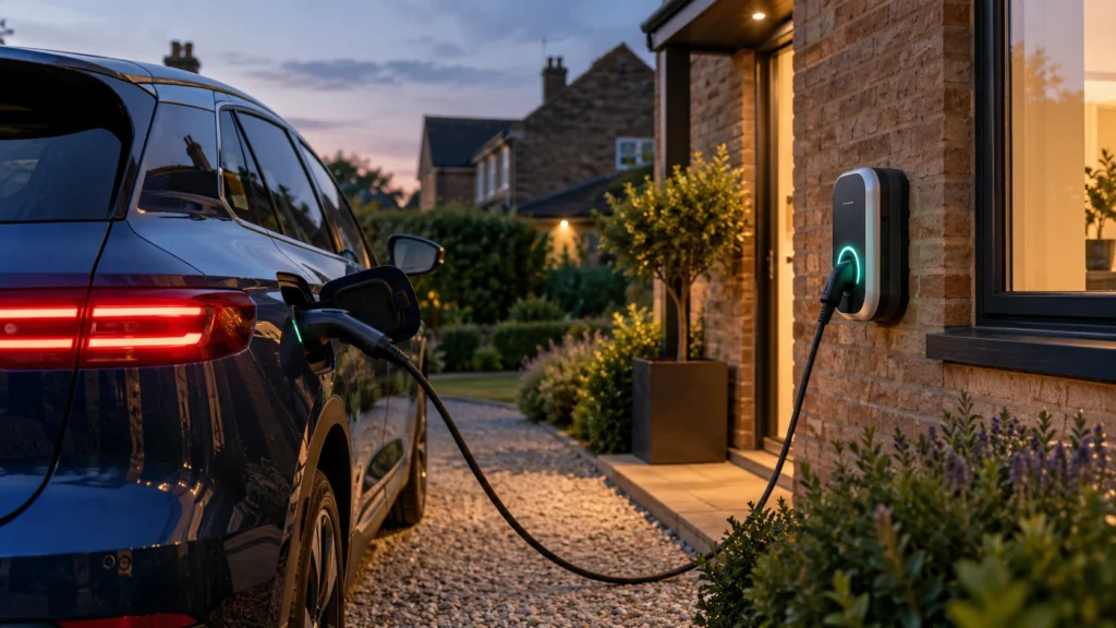 Dark blue electric car charging from a wall-mounted charger on a house driveway at dusk