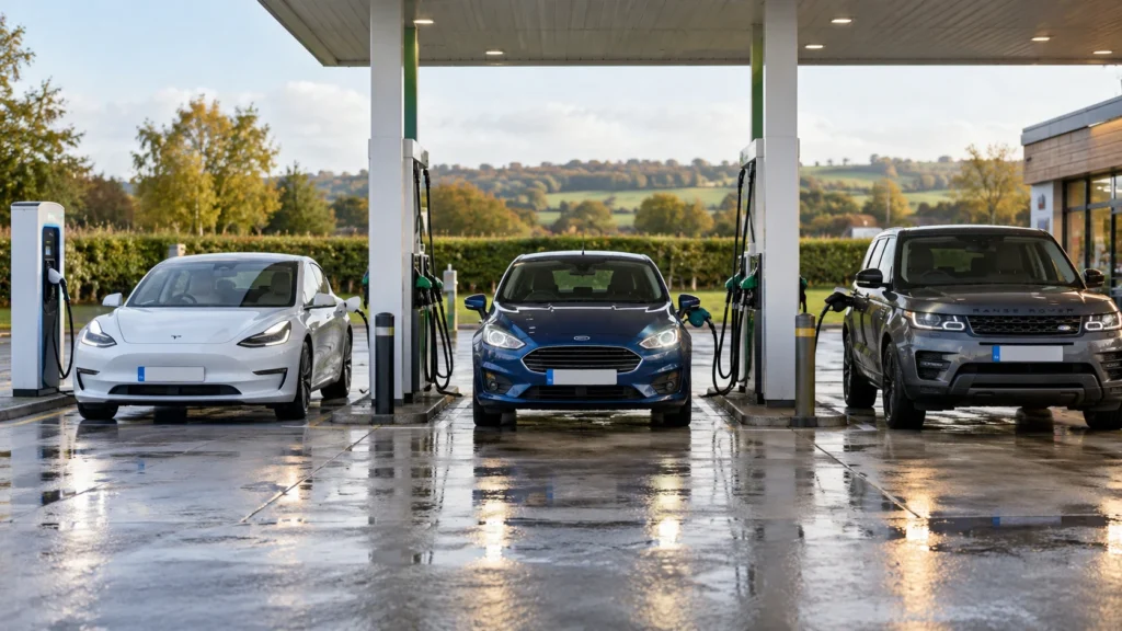 A white electric car at a charger beside a petrol hatchback and an SUV at the fuel pumps on a UK forecourt
