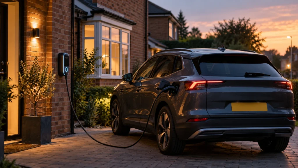 Grey electric SUV charging from a wall-mounted home charger on a driveway at dusk