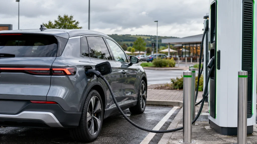 Grey electric SUV plugged into a public rapid charger in a car park